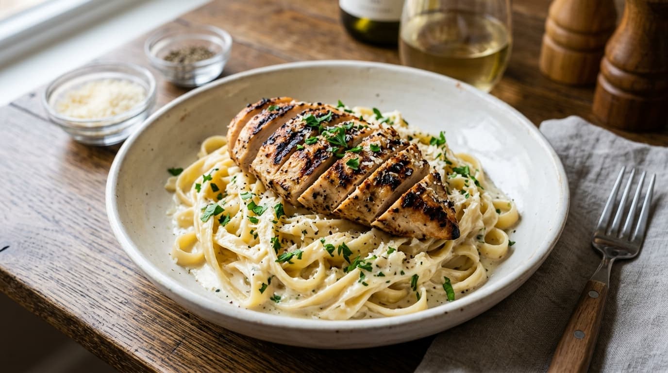 Healthy Chicken Alfredo Pasta (Creamy Garlic Fettuccine)
