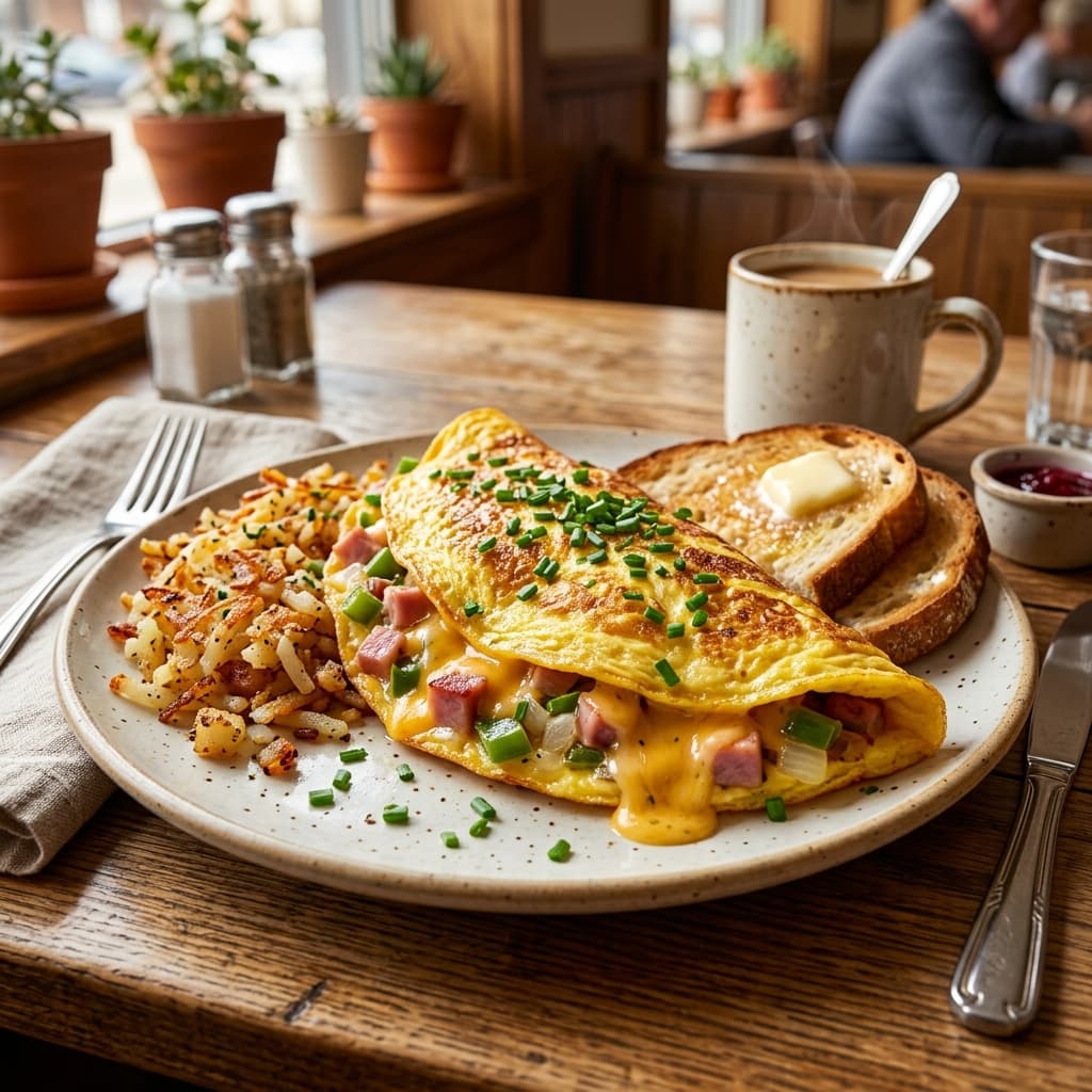 Classic Denver Omelet with Ham, Peppers, and Cheddar