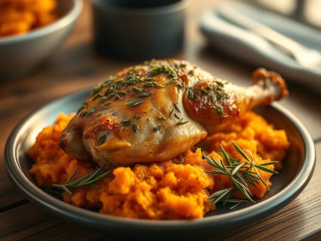Golden Herb-Roasted Chicken with Silken Sweet Potato Mash