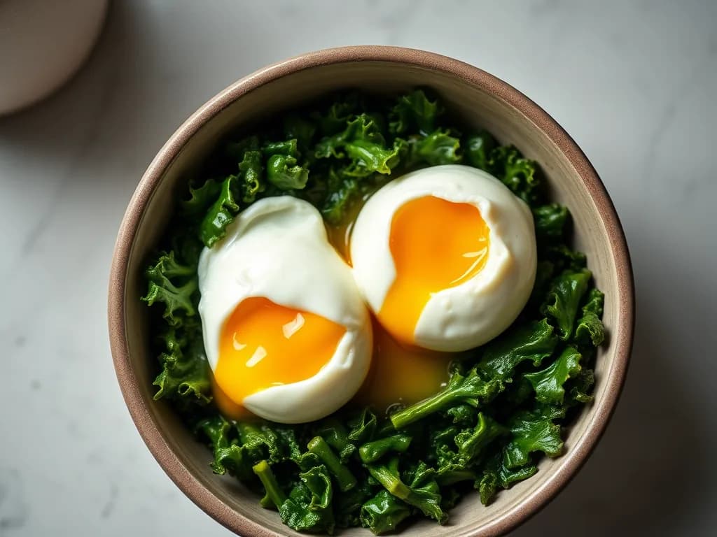 Perfectly Poached Eggs Over Garlicky Sautéed Kale