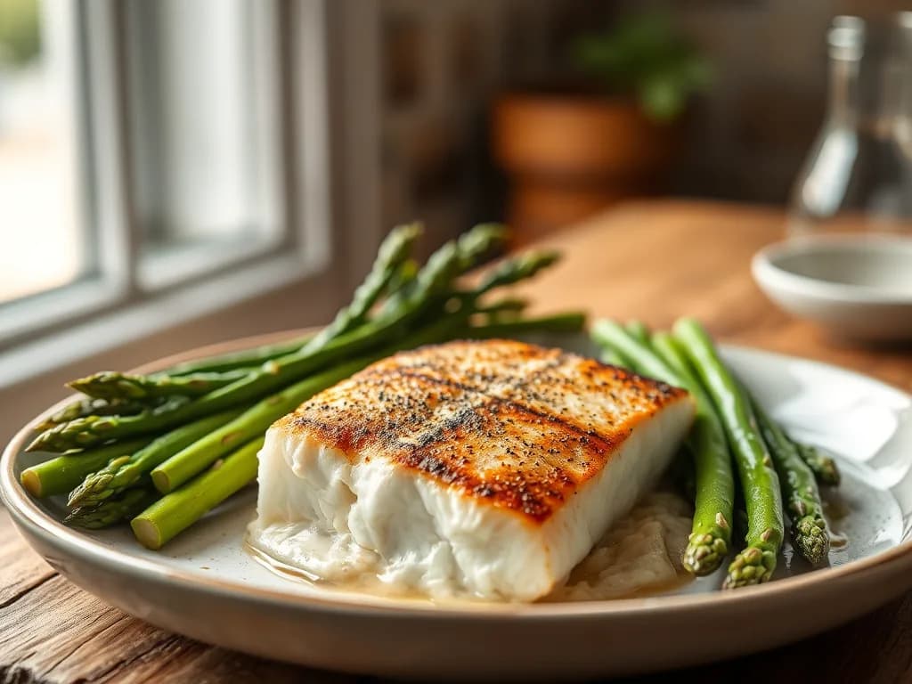 Pan-Seared Cod with Lemon-Garlic Asparagus