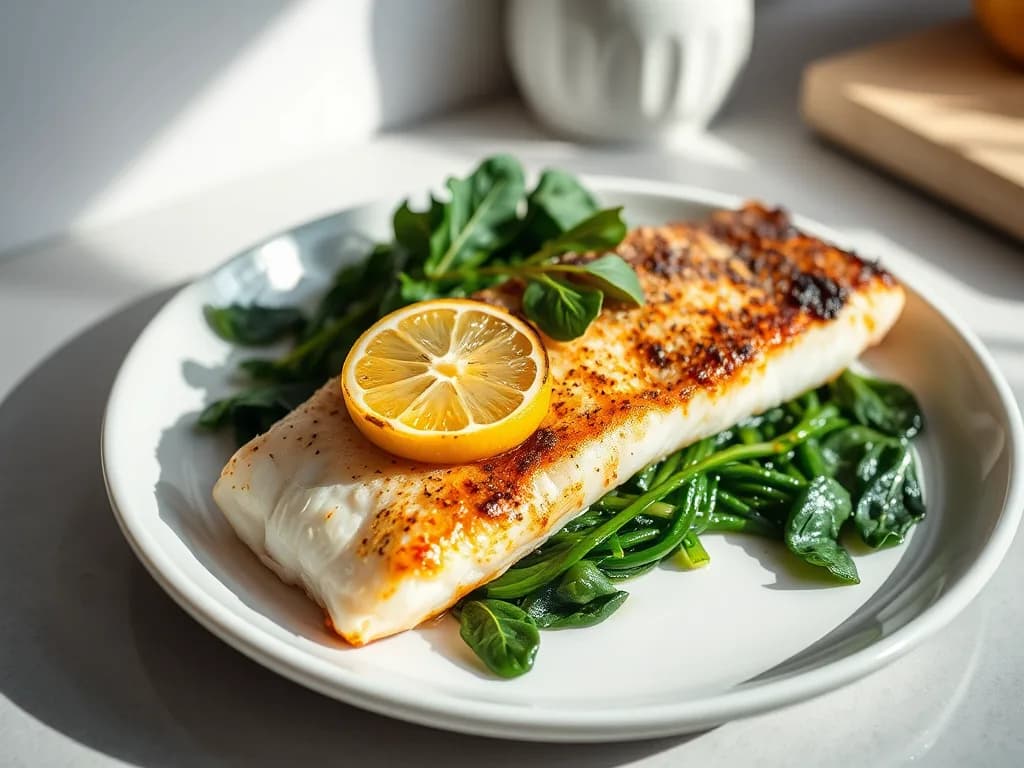 Pan-Seared Sea Bass with Lemon-Garlic Chard