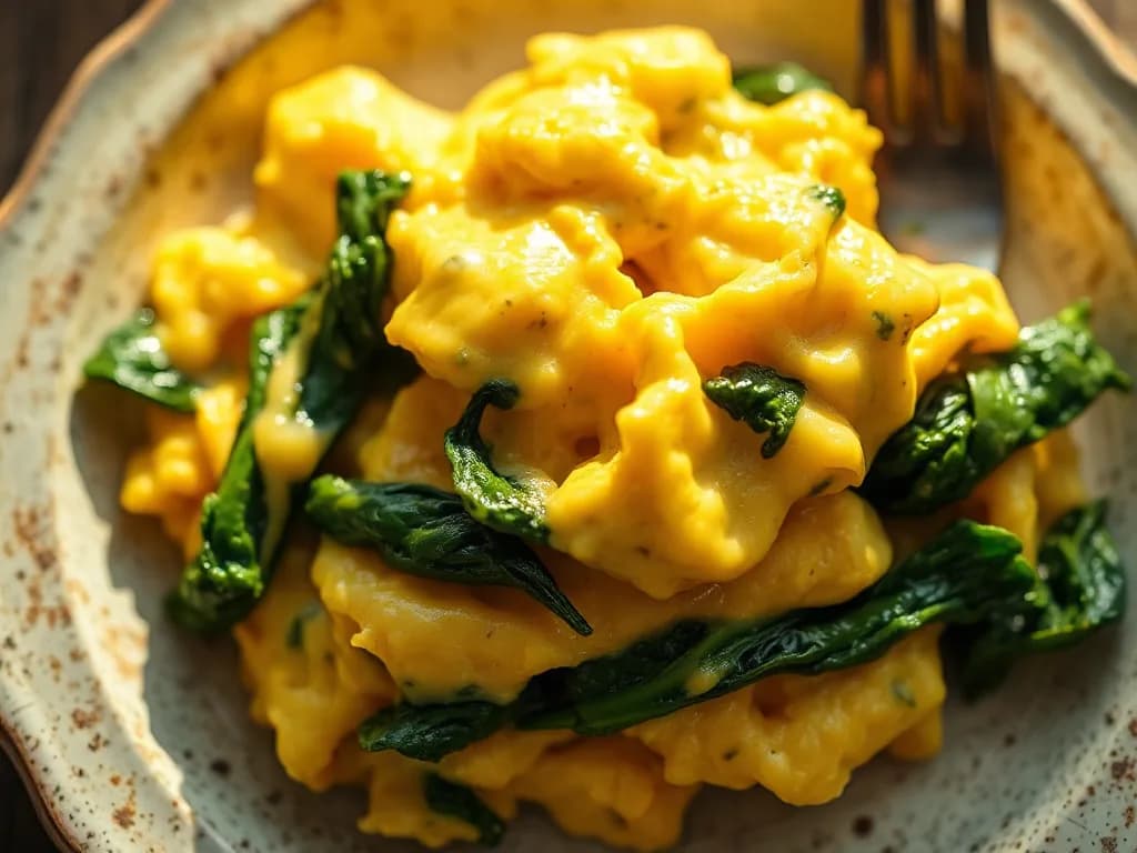 Silken Scrambled Eggs with Wilted Spinach