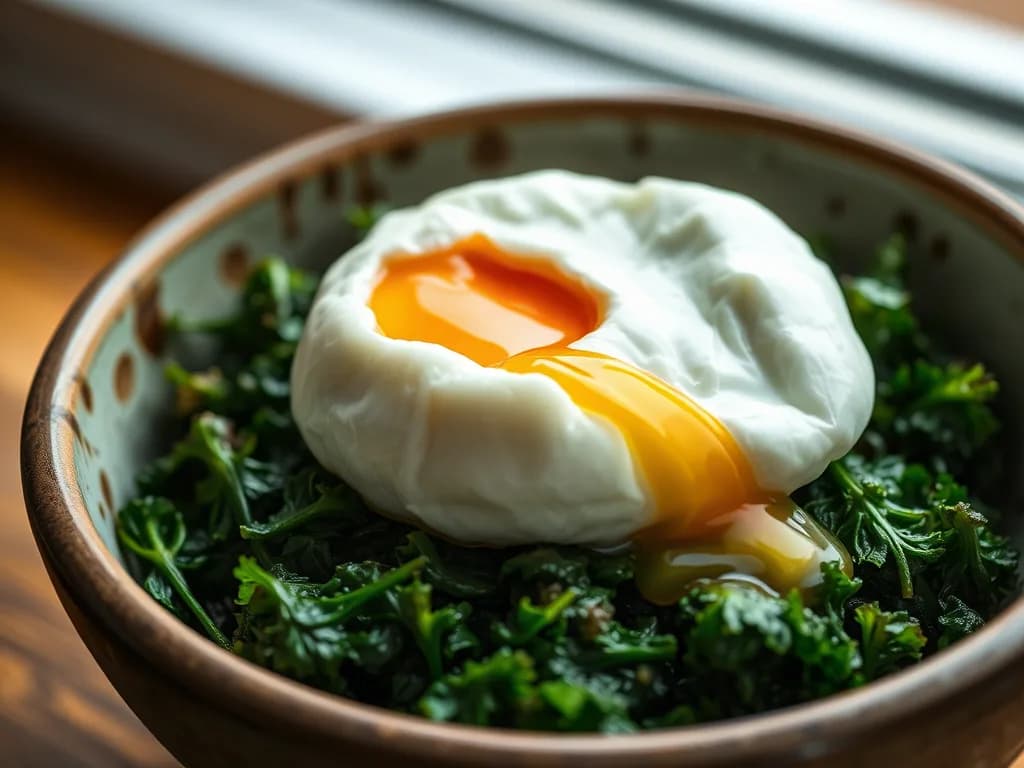 Poached Eggs on Sautéed Garlic Kale