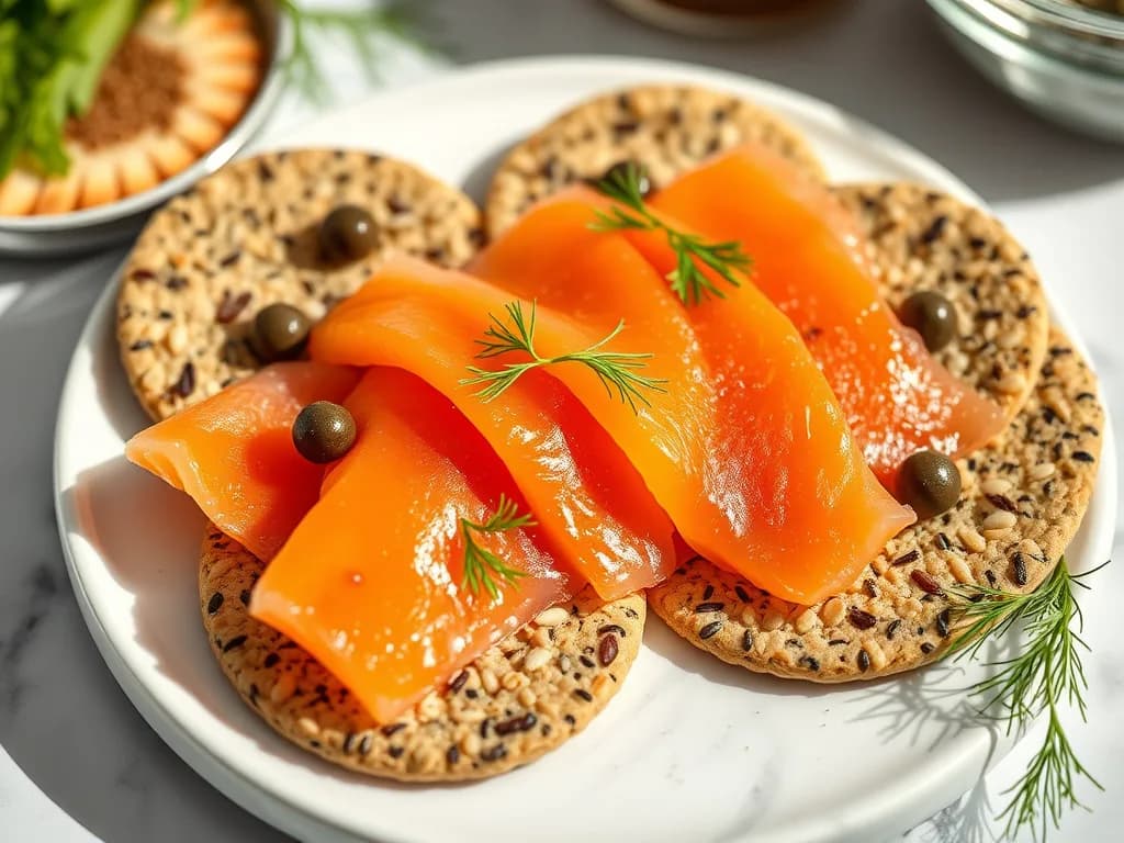 Smoked Salmon on Seed Crackers with Lemon-Dill Cream