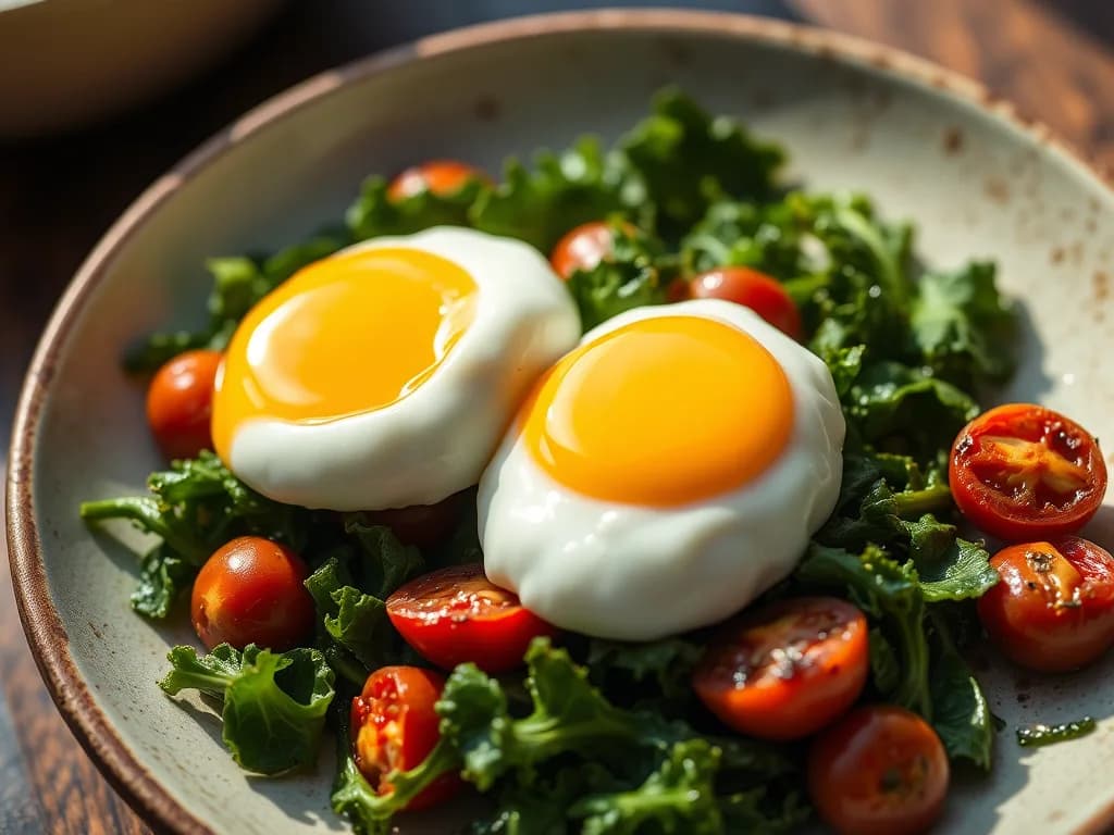 Perfectly Poached Eggs with Sautéed Kale and Blistered Tomatoes