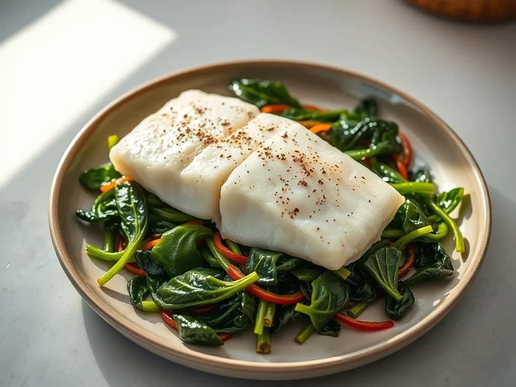 Lemon-Garlic Baked Cod with Wilted Rainbow Chard