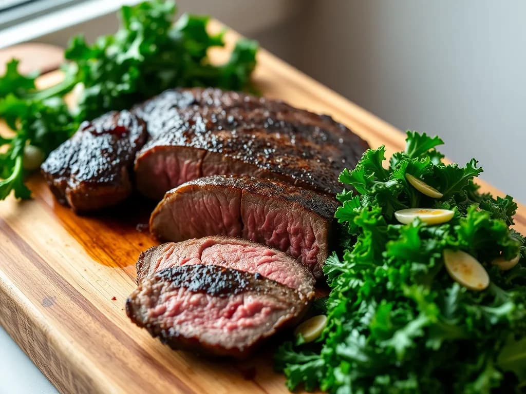 Seared Lean Steak with Garlic Sautéed Kale