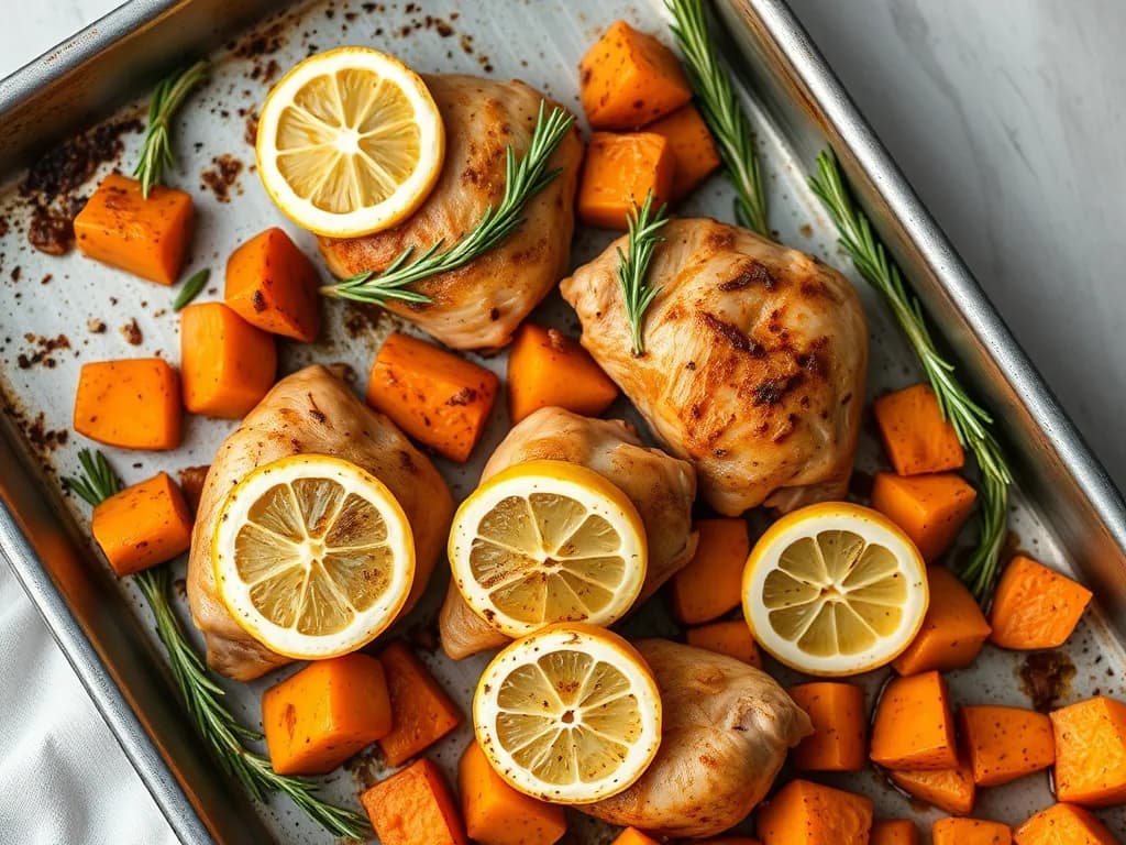 One-Pan Lemon-Rosemary Chicken with Roasted Sweet Potatoes