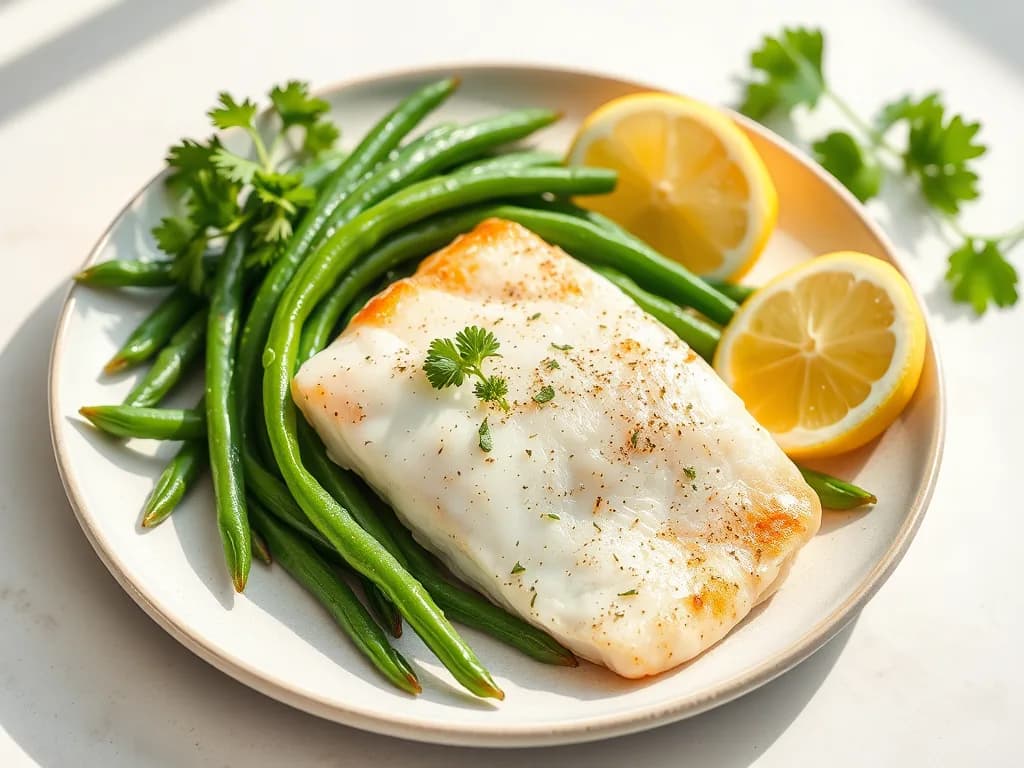 Pan-Seared White Fish with Garlic Green Beans