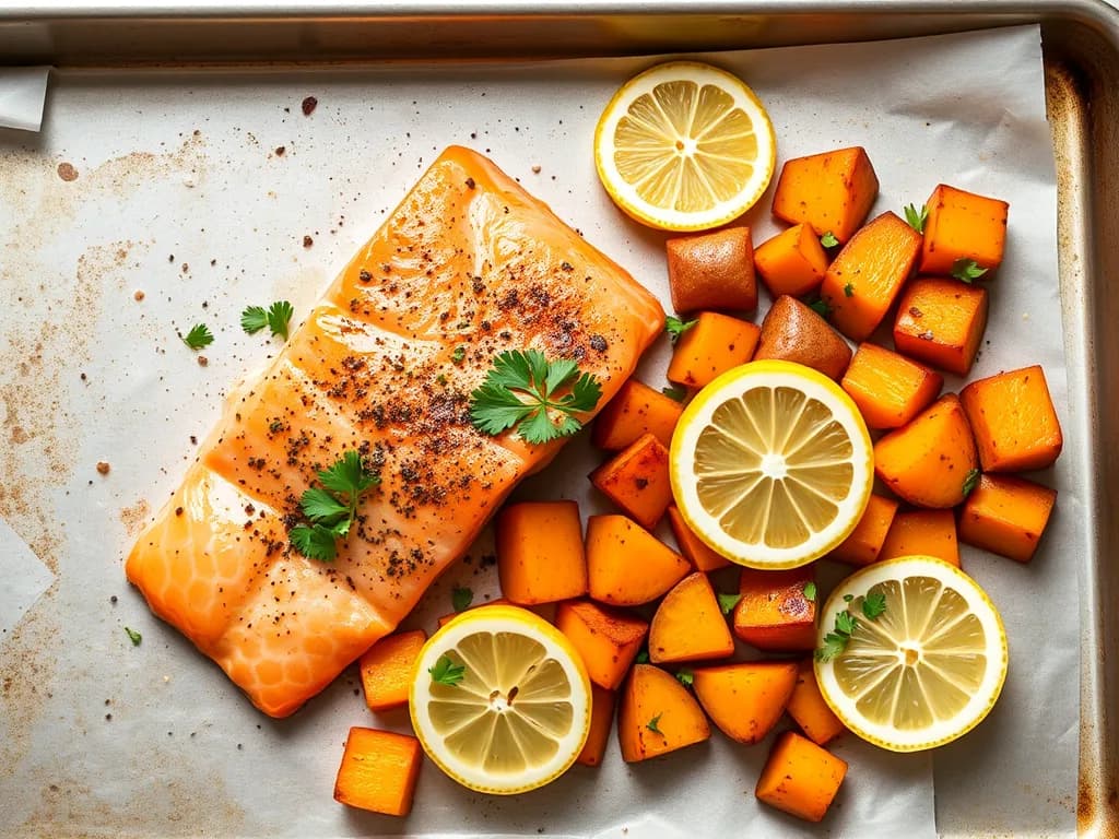 Simple Baked Salmon with Roasted Sweet Potatoes