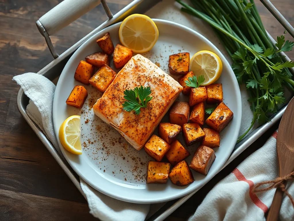 Easy Baked Salmon with Roasted Sweet Potatoes