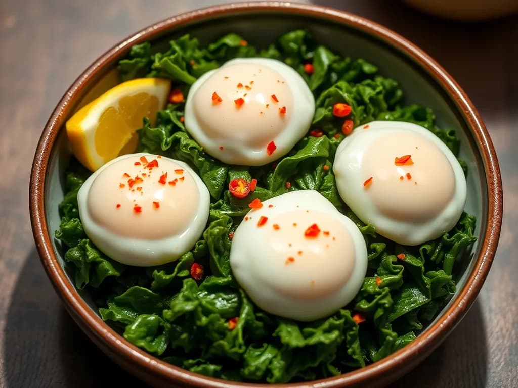 Steamed Kale with Poached Eggs
