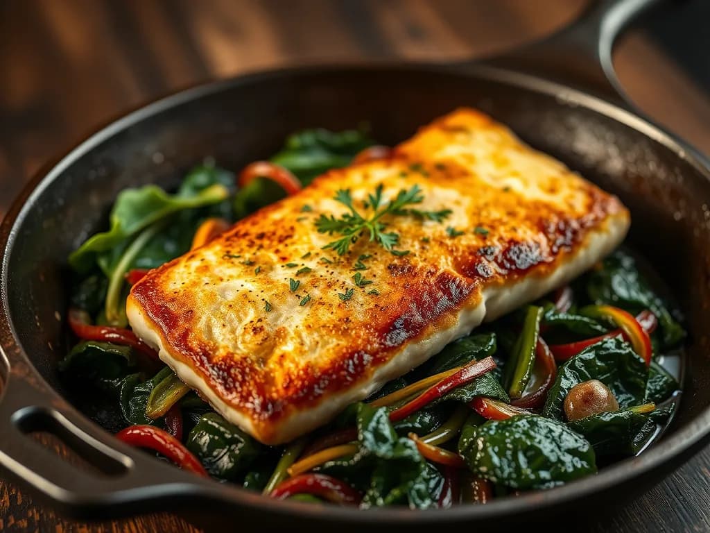 Pan-Seared Halibut with Garlic-Sautéed Chard