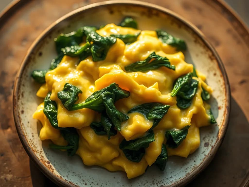 Silken Scrambled Eggs with Vibrant Wilted Spinach