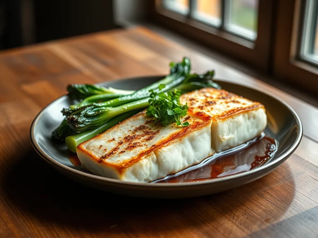Pan-Seared Halibut with Ginger-Garlic Bok Choy