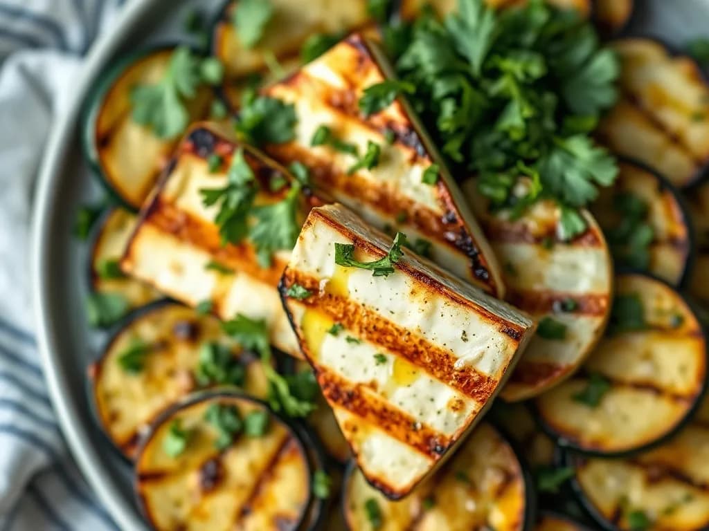 Grilled Halloumi with Roasted Zucchini and Lemon Herb Oil