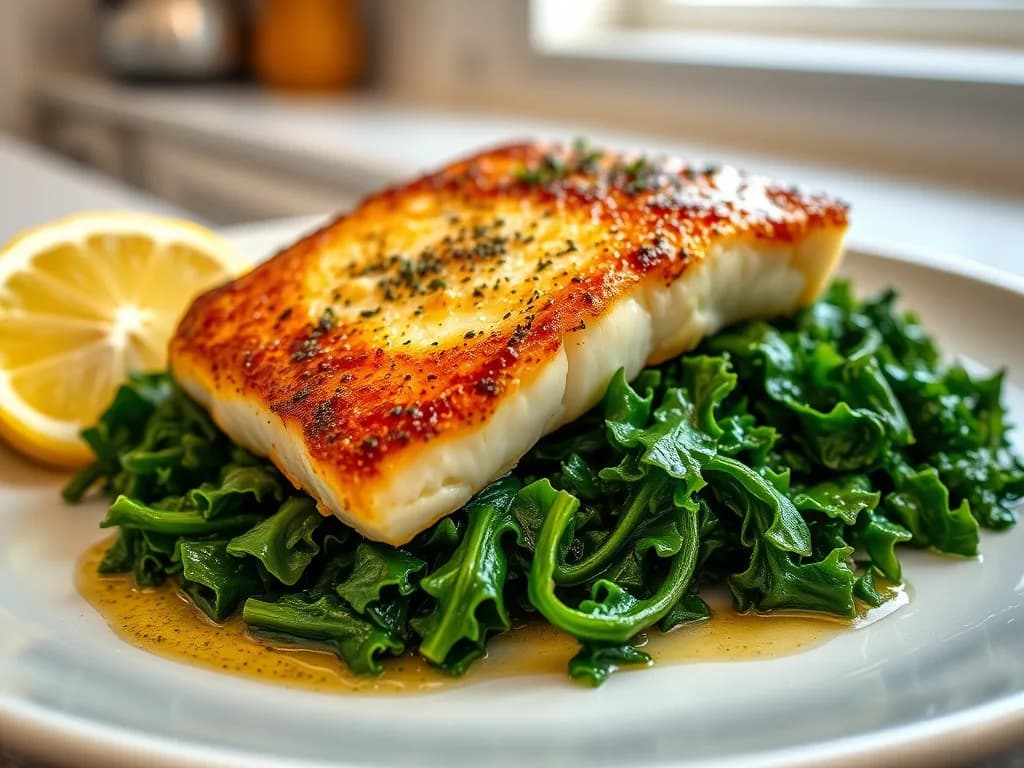Pan-Seared Cod with Garlicky Wilted Kale