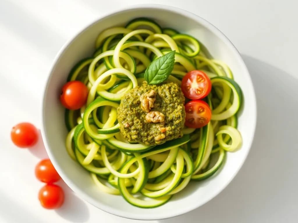 Fresh Zucchini Noodles with Walnut-Basil Pesto