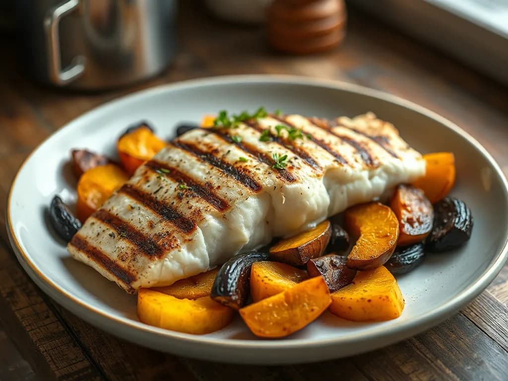 Grilled Halibut with Herb-Roasted Squash