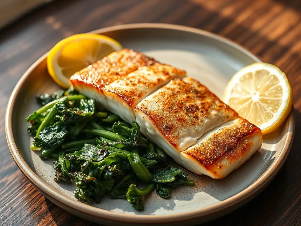 Roasted Sea Bass with Seasonal Greens