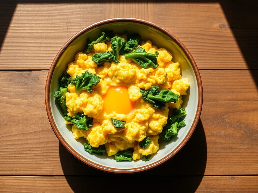 Creamy Scrambled Eggs with Sautéed Garlic Kale