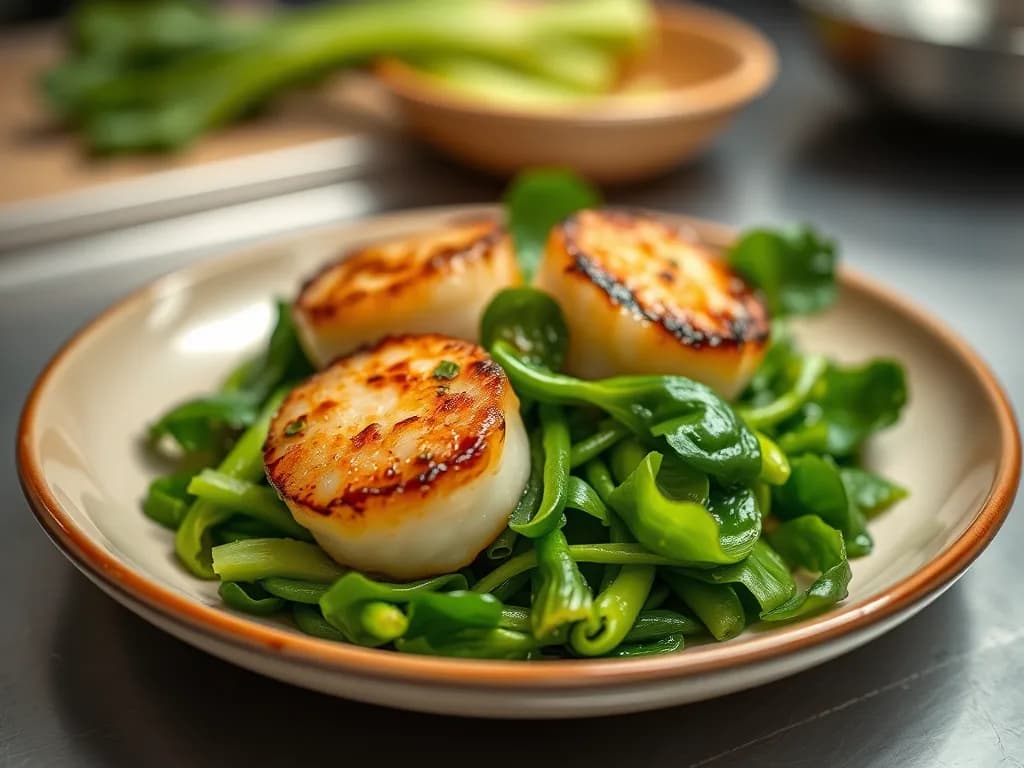 Pan-Seared Scallops with Garlicky Bok Choy