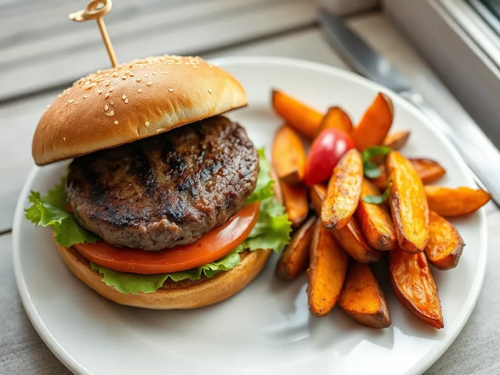 Lean Bison Burger with Crispy Roasted Sweet Potatoes