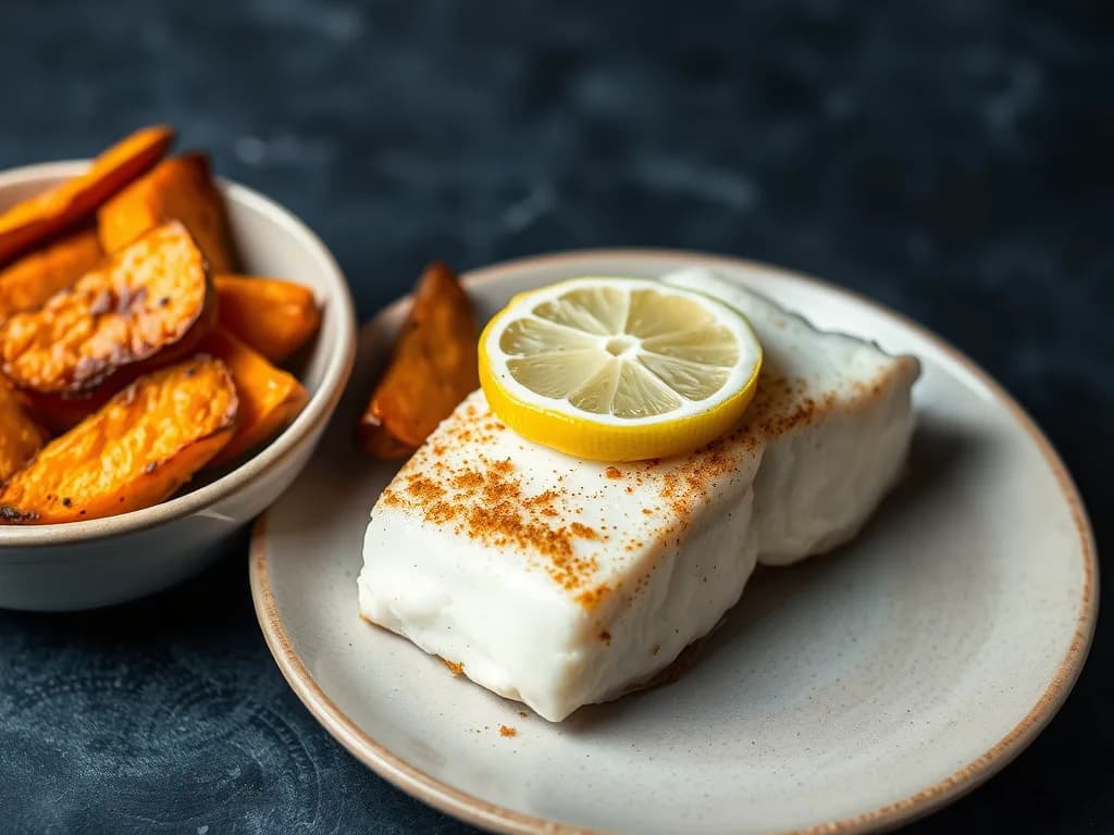 Baked Cod with Roasted Sweet Potato Wedges