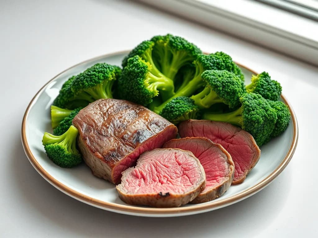 Pan-Seared Lean Steak with Garlic-Steamed Broccoli
