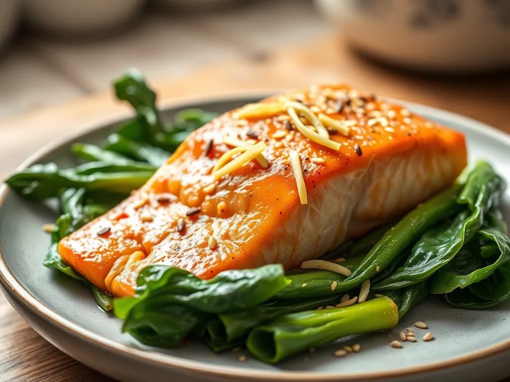 Baked Salmon with Ginger-Steamed Bok Choy
