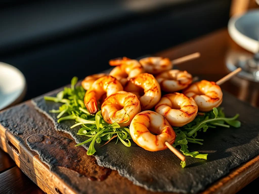 Grilled Shrimp Skewers with Peppery Arugula
