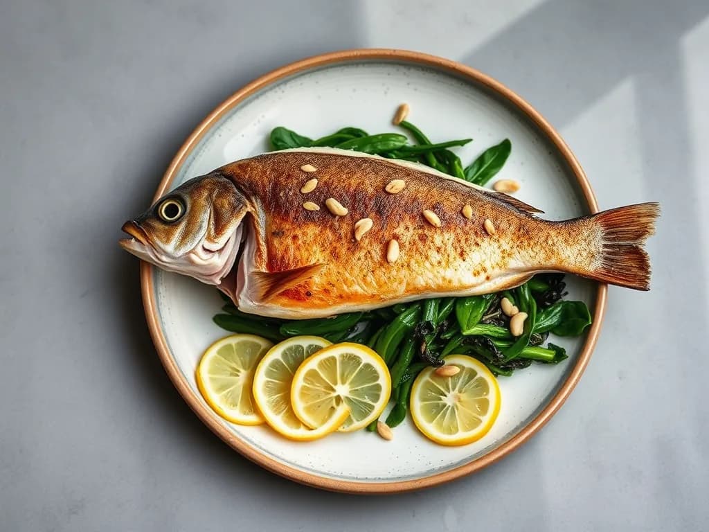 Roasted Sea Bass with Lemon-Garlic Seasonal Greens