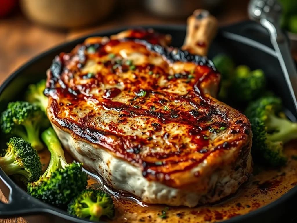 Pan-Seared Pork Chop with Garlic Sautéed Broccoli