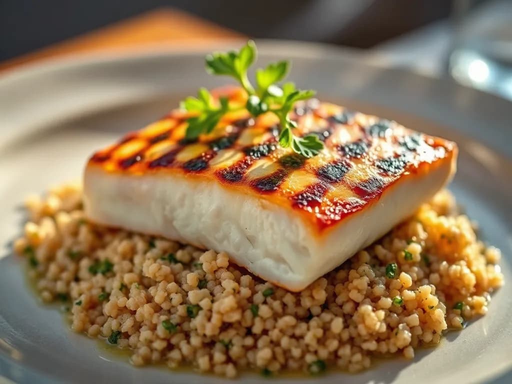 Grilled Halibut with Lemon-Herb Quinoa Pilaf