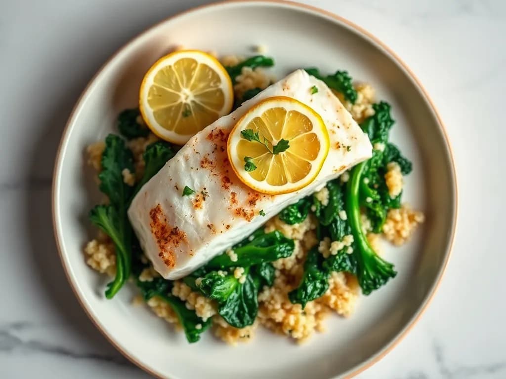 Baked Cod with Lemon-Garlic Quinoa and Wilted Kale