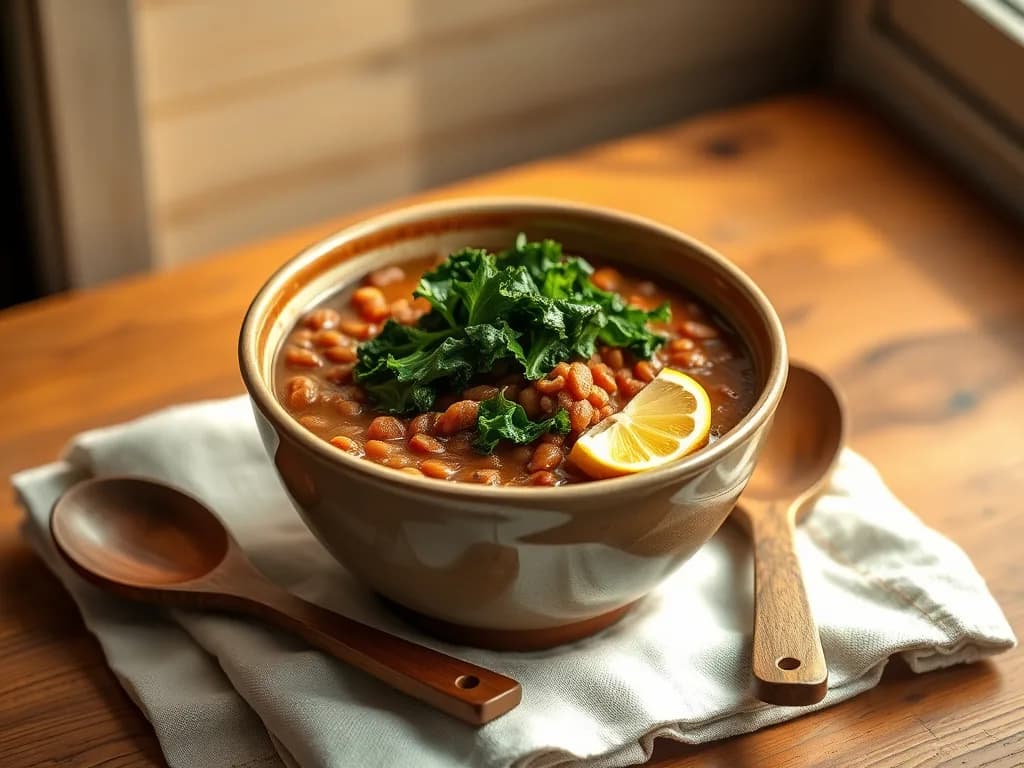 Hearty Lentil Vegetable Soup with Lemon-Garlic Greens