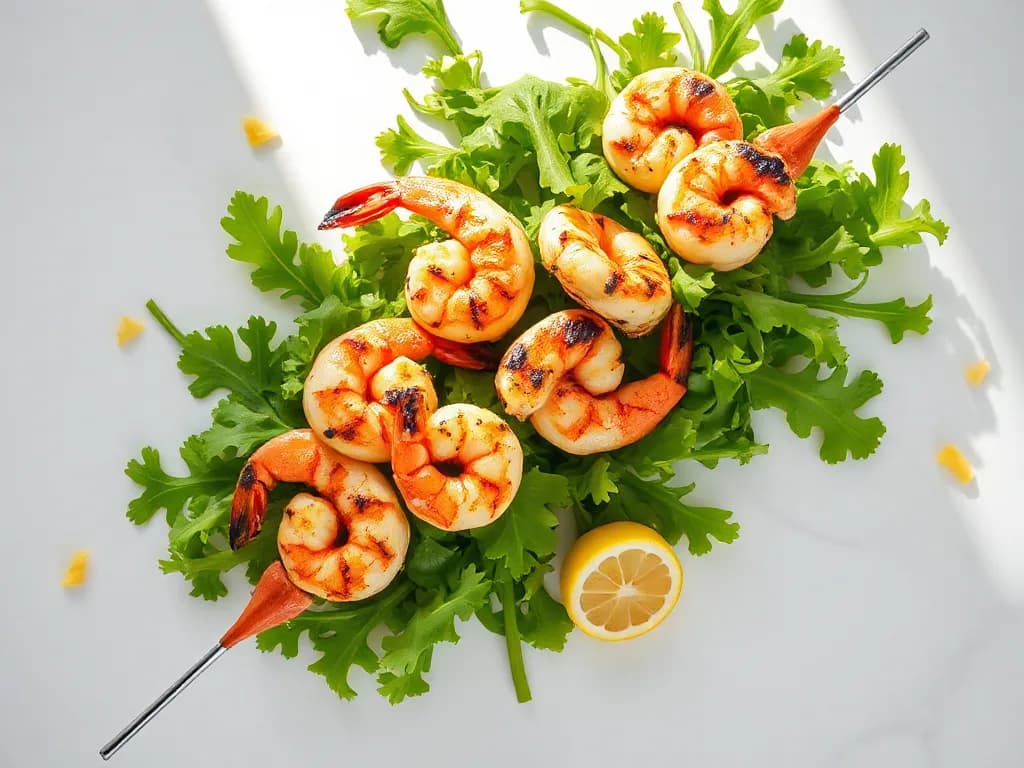 Grilled Lemon-Herb Shrimp Skewers with Peppery Arugula