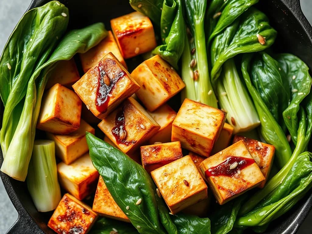 Crispy Ginger-Seared Tofu with Wilted Bok Choy