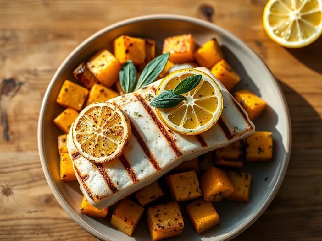 Grilled Halibut with Herb-Roasted Squash
