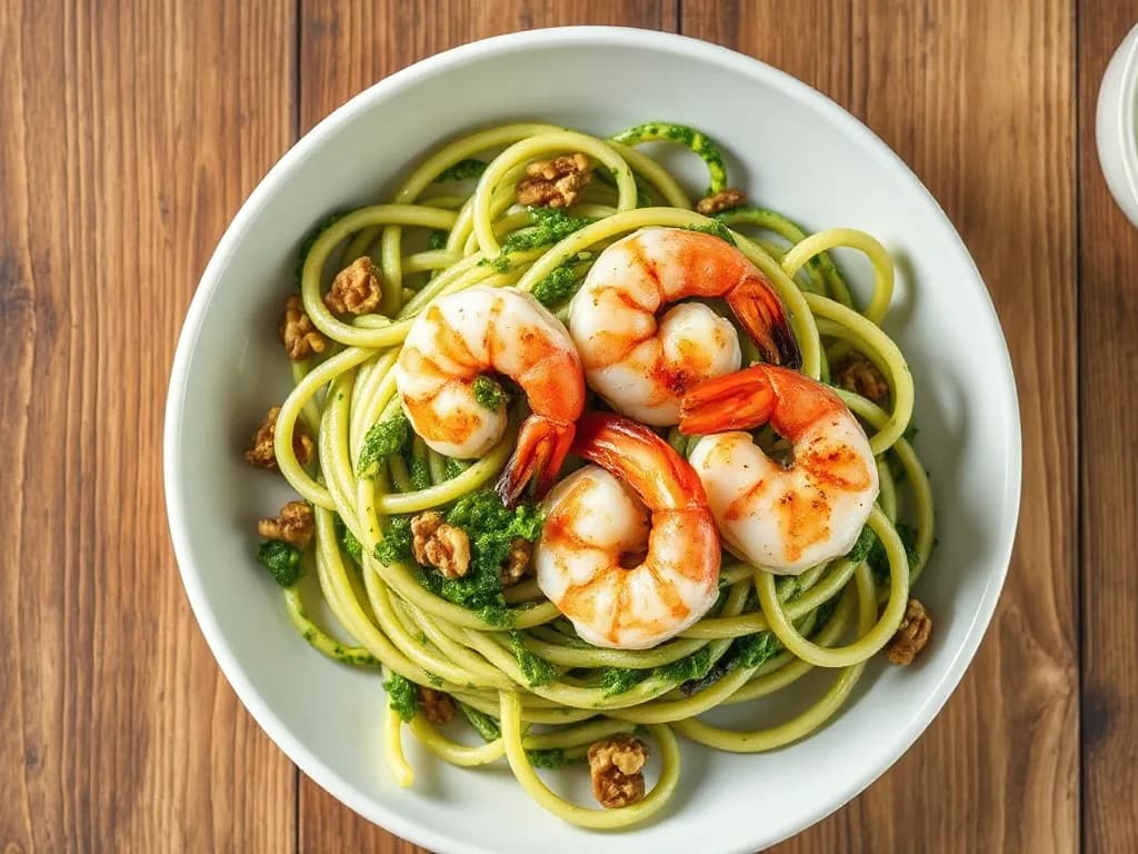 Zucchini Noodles with Walnut Pesto and Sautéed Shrimp