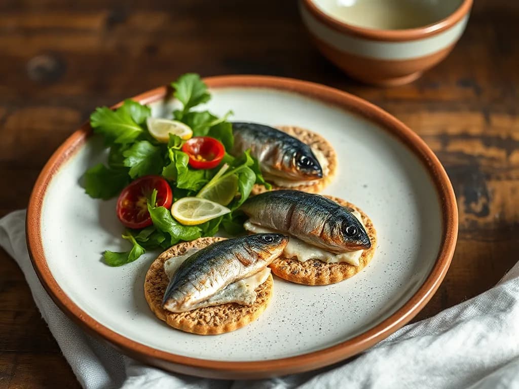 Sardines on Flax Crackers with Crisp Lemon Greens