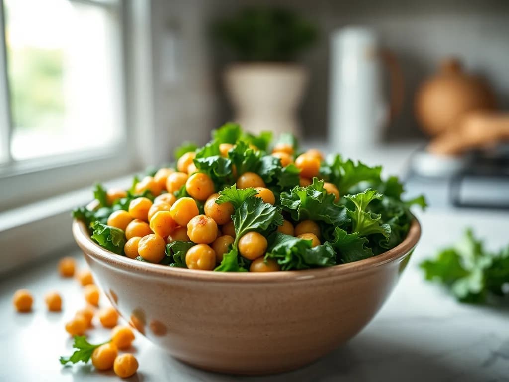 Warm Garlic Kale and Crispy Chickpea Salad