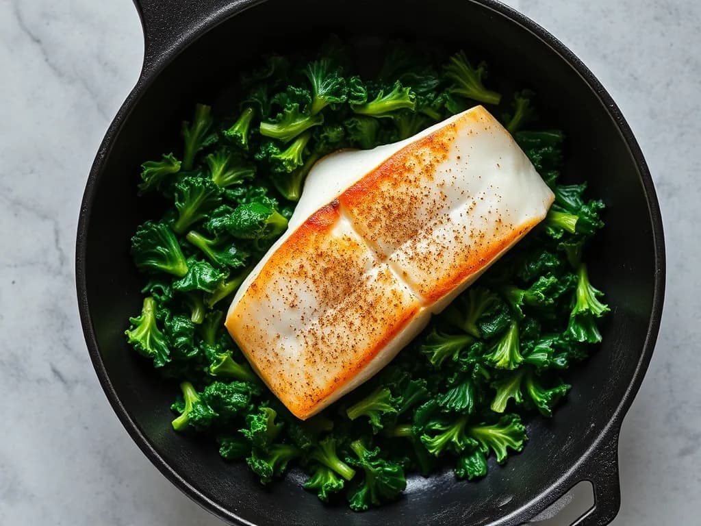 Pan-Seared White Fish with Garlic-Wilted Kale