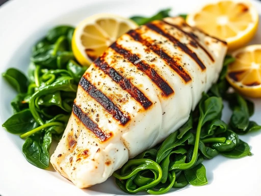 Grilled Lemon-Herb White Fish with Garlicky Greens