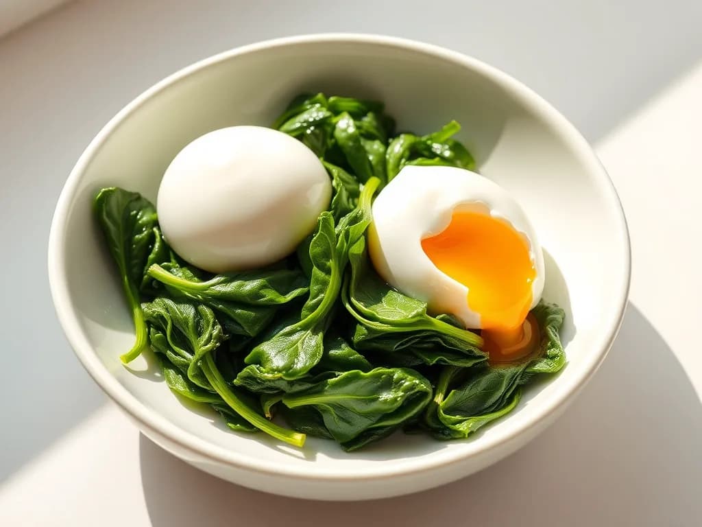 Poached Eggs Over Garlicky Wilted Spinach