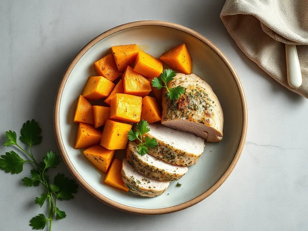 Roasted Squash and Herb-Crusted Chicken Breast