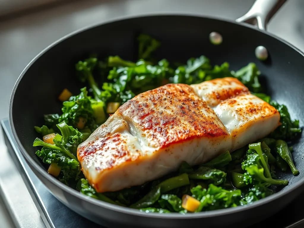 Pan-Seared White Fish with Garlic-Sautéed Kale