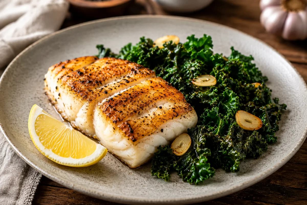 Pan-Seared White Fish with Garlic-Sautéed Kale