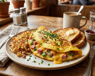Classic Denver Omelet with Ham, Peppers, and Cheddar